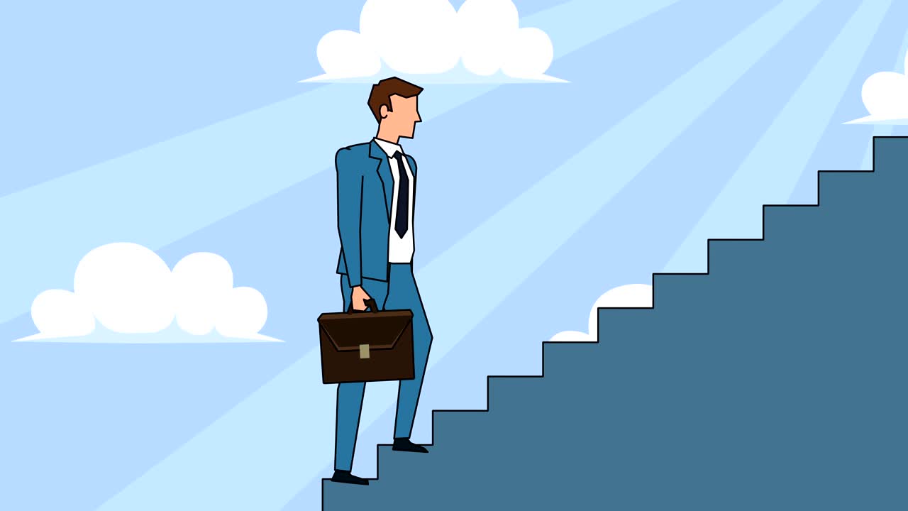personaje de dibujos animados hombre de negocios plano con bolsa de caso sube las escaleras de la carrera animación