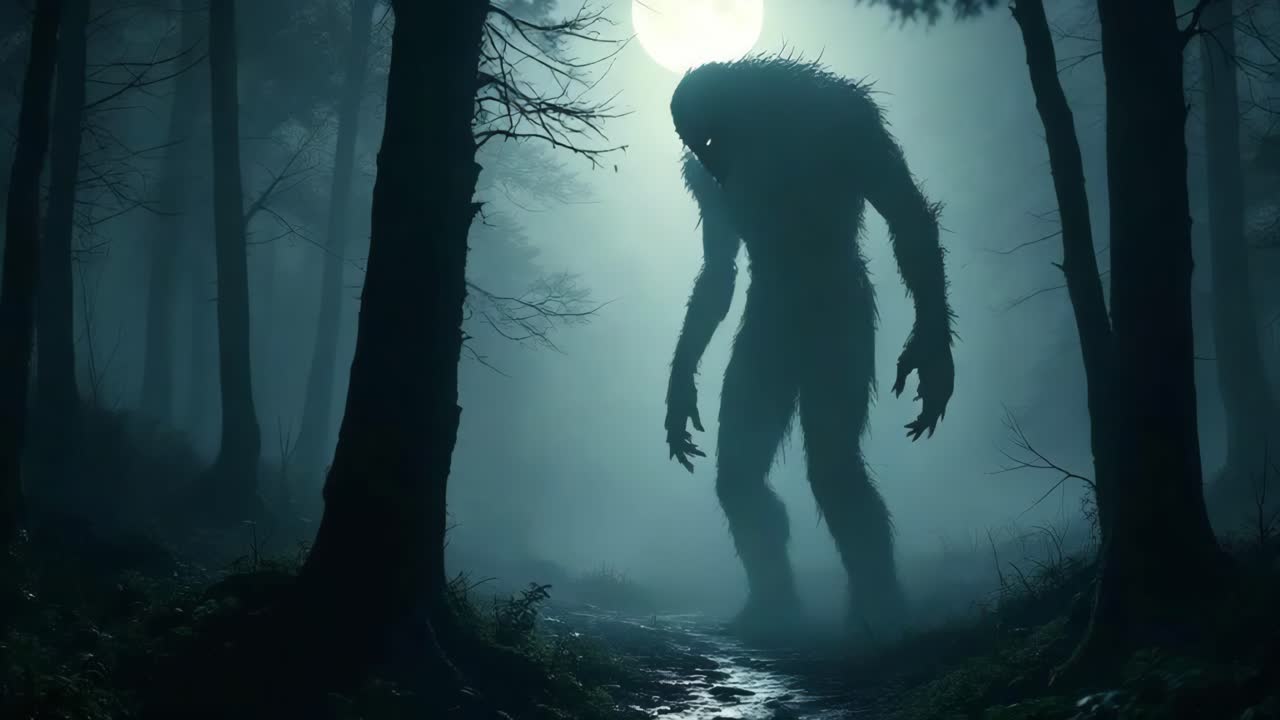 Mysterious creature emerges from shadows in moonlit forest, showcasing eerie atmosphere and suspense