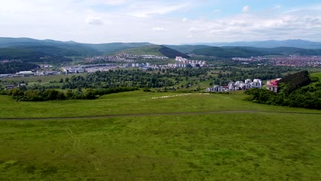 Vista-De-Drones-Sobre-Una-Parte-Del-Pueblo-De-Floresti-Y-Un-Rebaño-De-Ovejas-Caminando