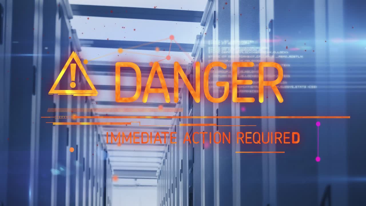 animación del texto de peligro y el símbolo sobre la sala del servidor