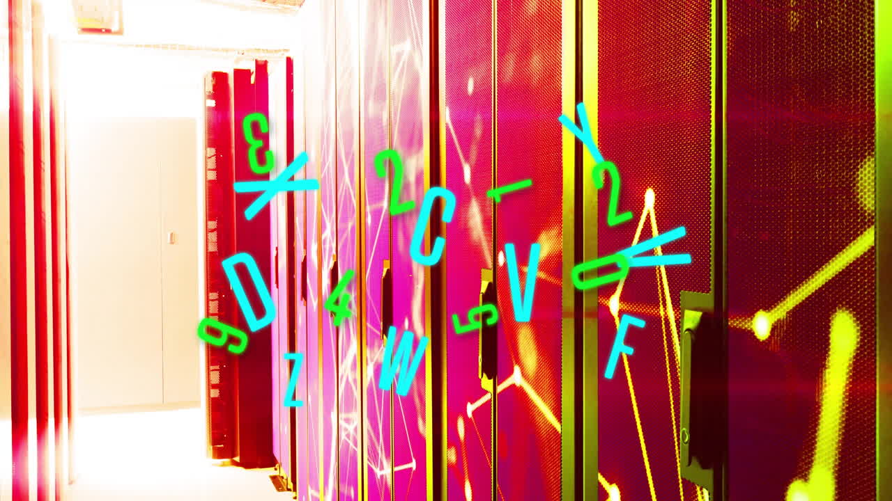 Colorful letters and numbers animation over vibrant data center corridor