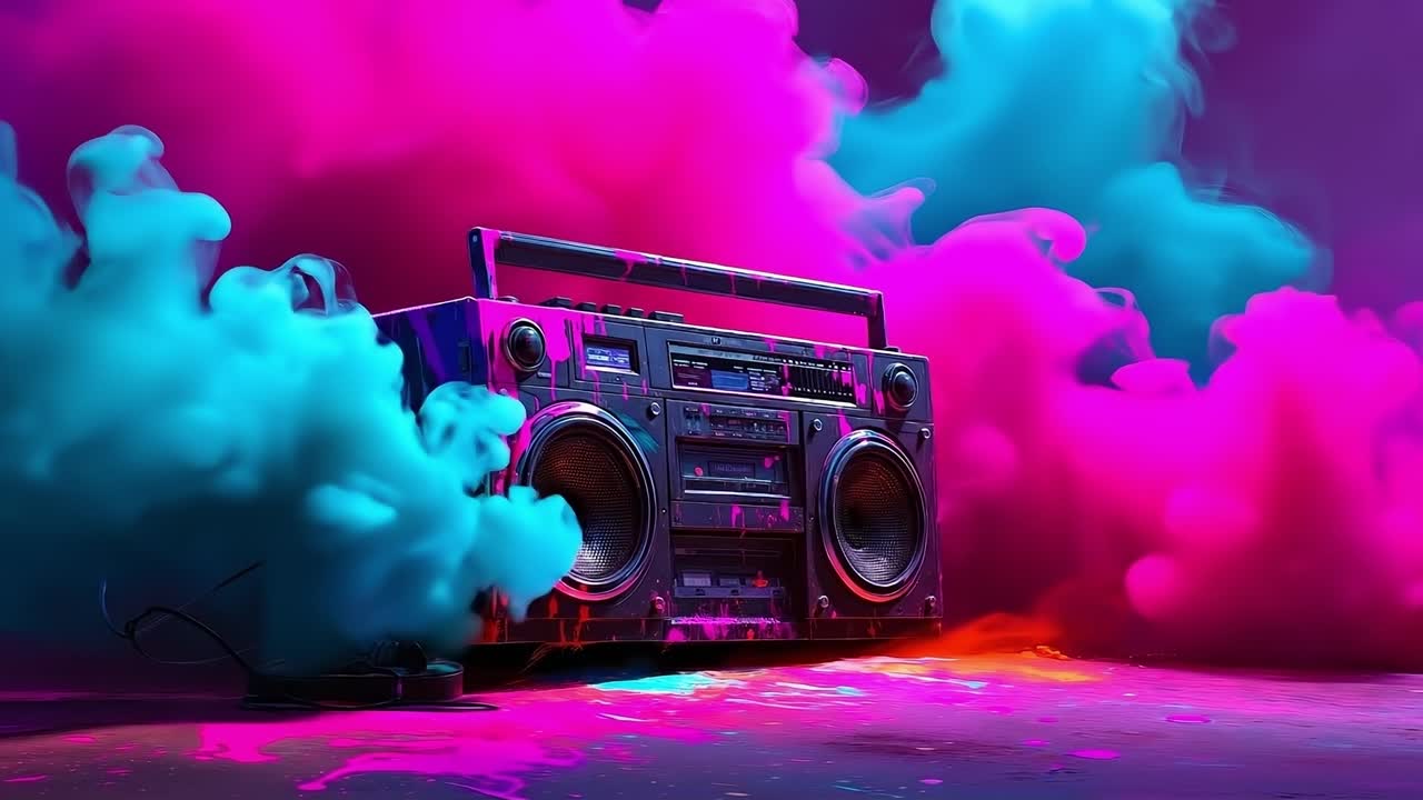 Uno stereo portatile al centro di una stanza colorata piena di fumo