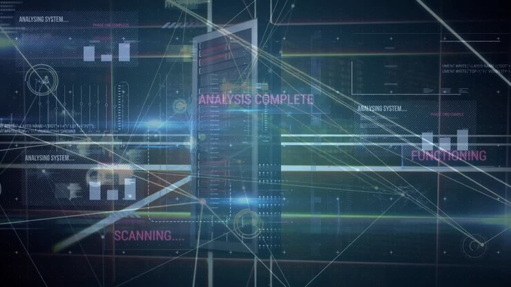 Animation of network of connections with data processing over cityscape
