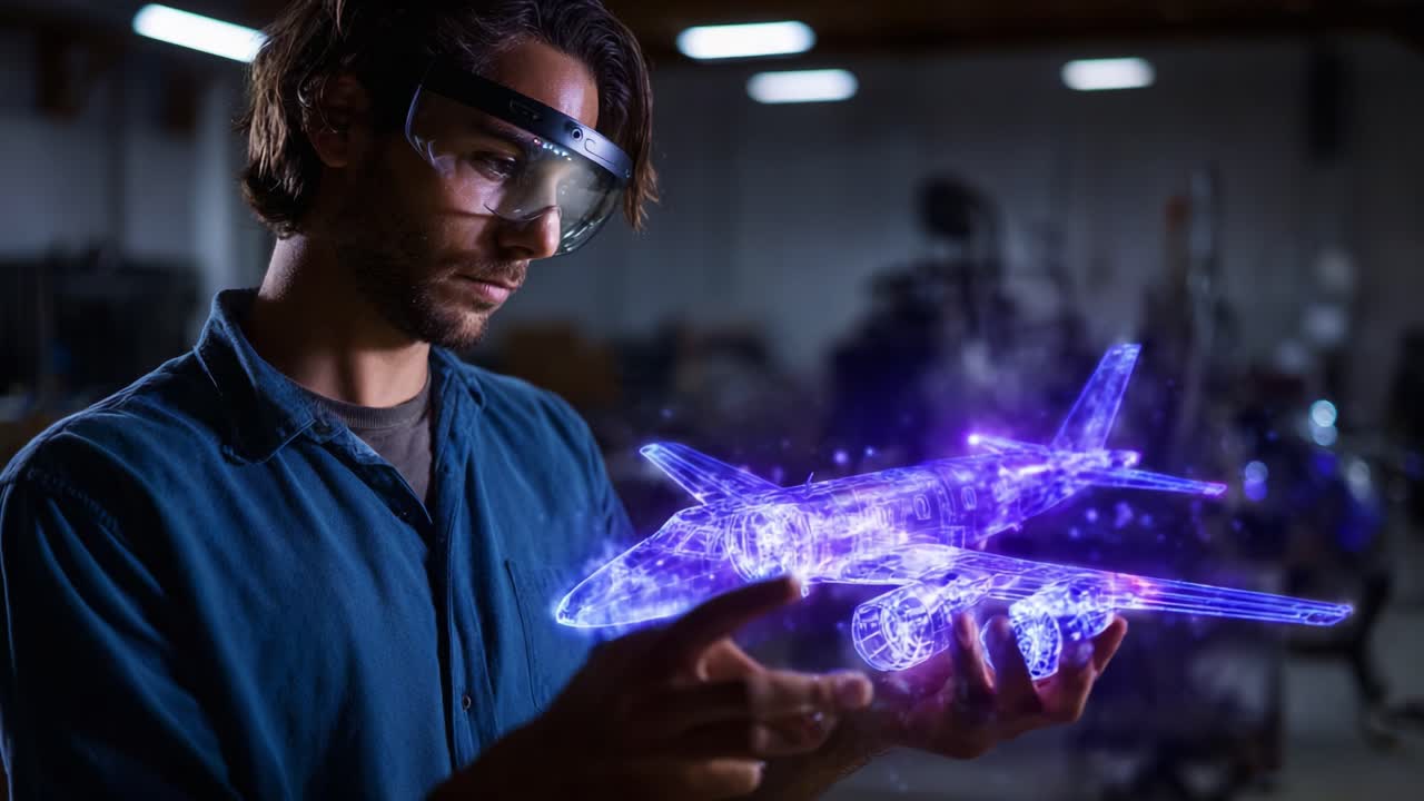 In un laboratorio, ingegnere futuristico esamina il modello olografico di un aeroplano con tecnologia di realtà aumentata, mettendo in mostra capacità ingegneristiche e di design innovative
