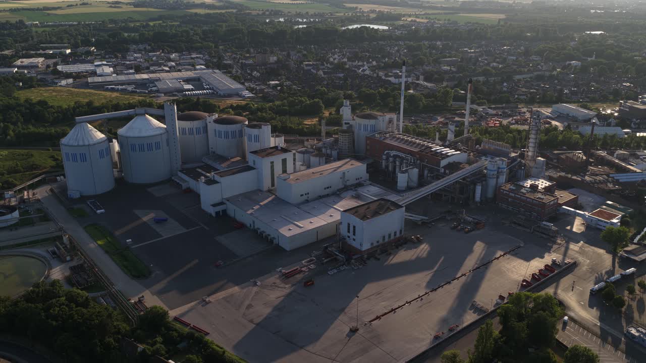 aerial drone video of a sugar refinery and industrial sugar production site in Jülich, Germany