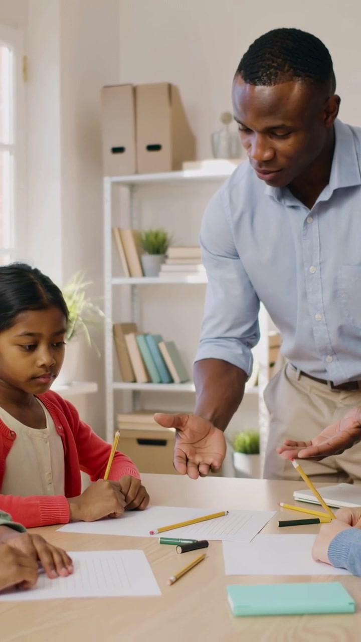 Vertical video: Noticing pencil, tutor in blue shirt leaning in classroom guiding child with pencil