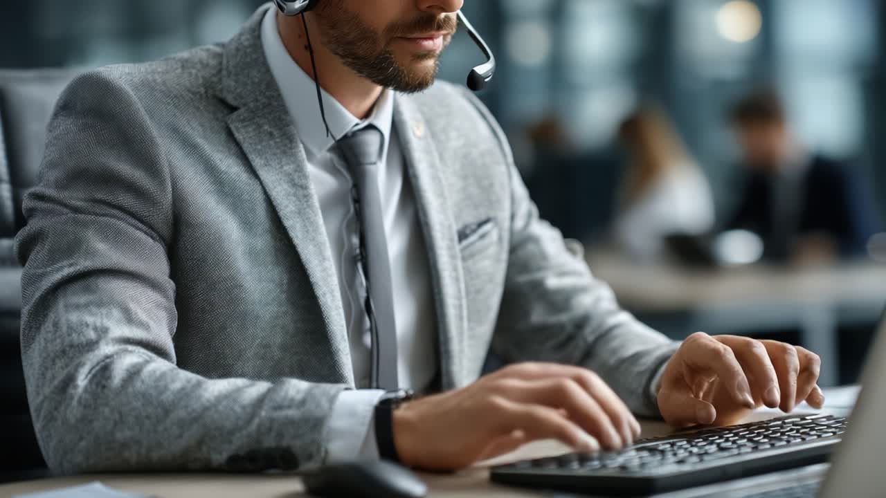 Eine professionelle Person in einem eleganten Anzug und mit Headset, die konzentriert in einem modernen Büro arbeitet und Engagement und Professionalität in einem geschäftlichen Umfeld demonstriert.