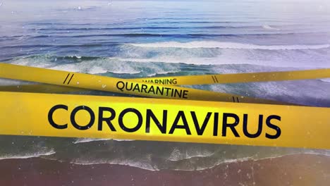 Digital-composite-video-of-yellow-tapes-with-warning-quarantine-coronavirus-text-against-beach