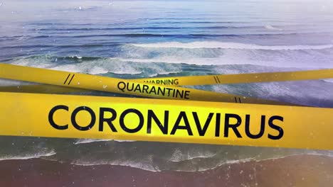 digital composite video of yellow tapes with warning quarantine coronavirus text against beach