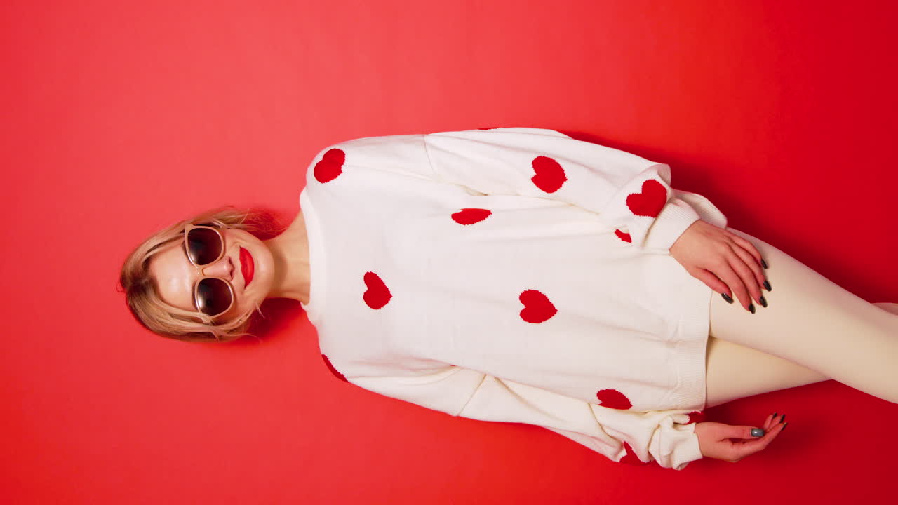 una mujer con un suéter con estampado de corazón.