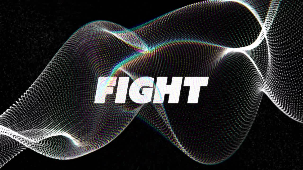 검은 바탕에 회색 디지털 파동 위에 싸움 텍스트 배너의 애니메이션