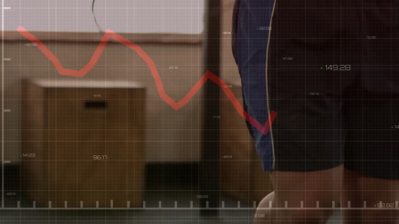 Exercising with jump rope, person overlaid on financial graph animation