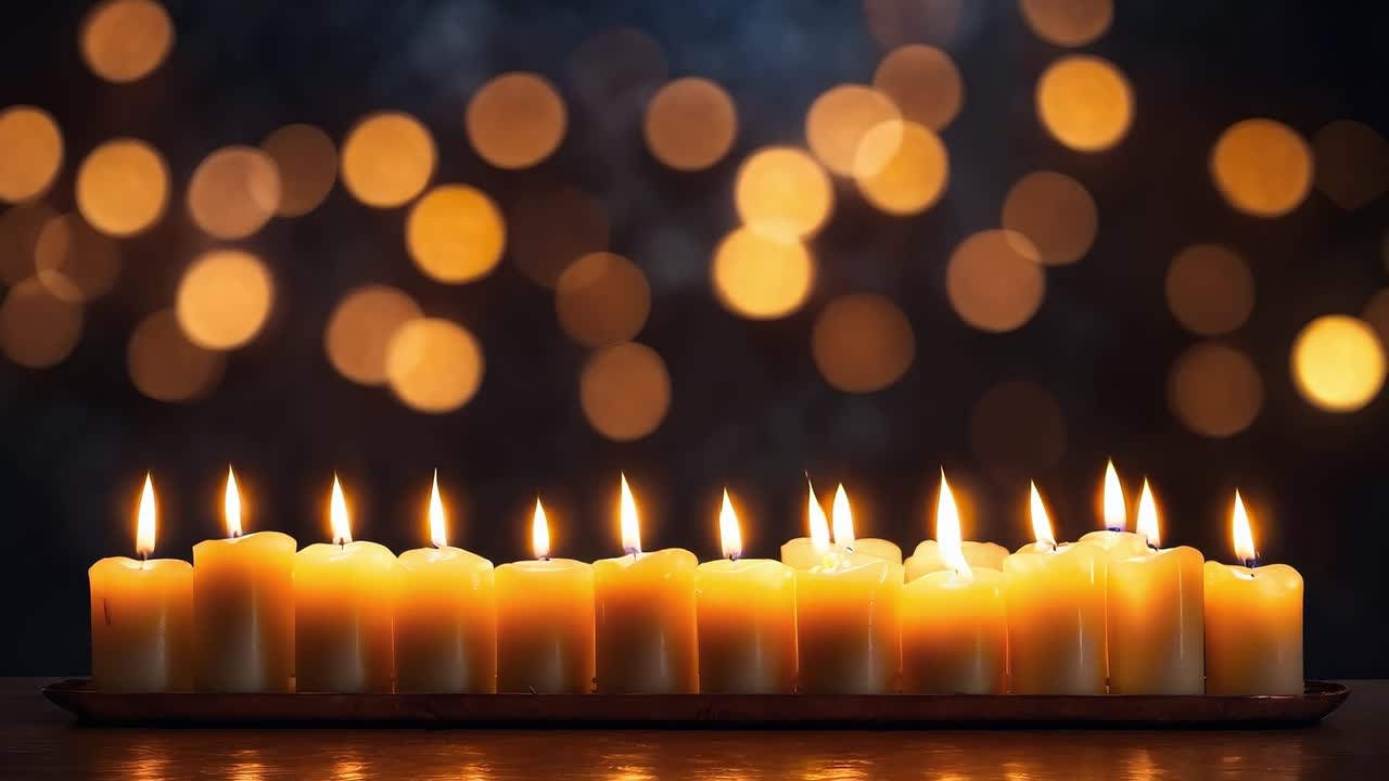 un grupo de velas encendidas sentadas en la parte superior de una mesa de madera