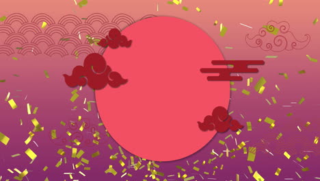 animación de confeti, patrón chino y decoración sobre fondo púrpura.