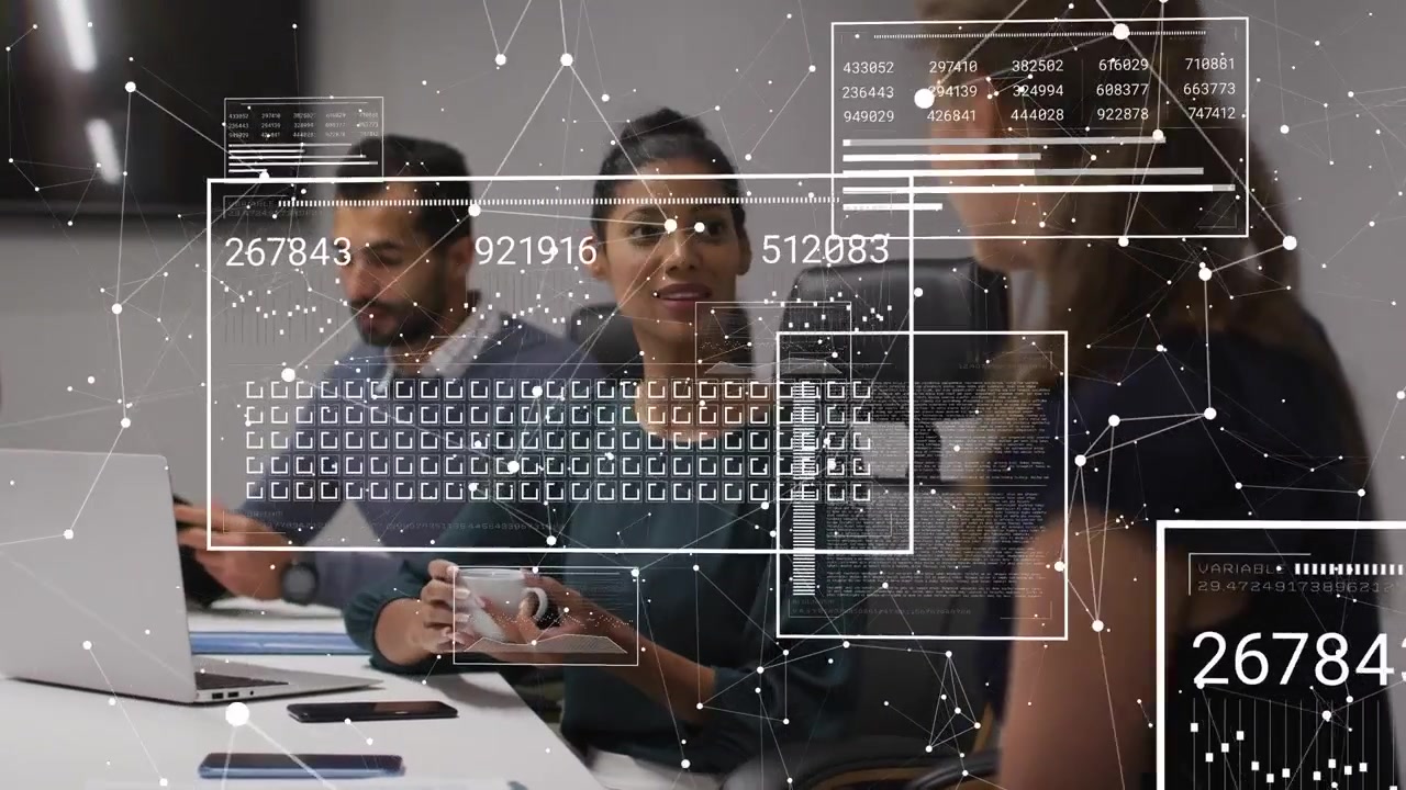 Center woman holding mug and starting business discussion, overlays appearing and visualizing data