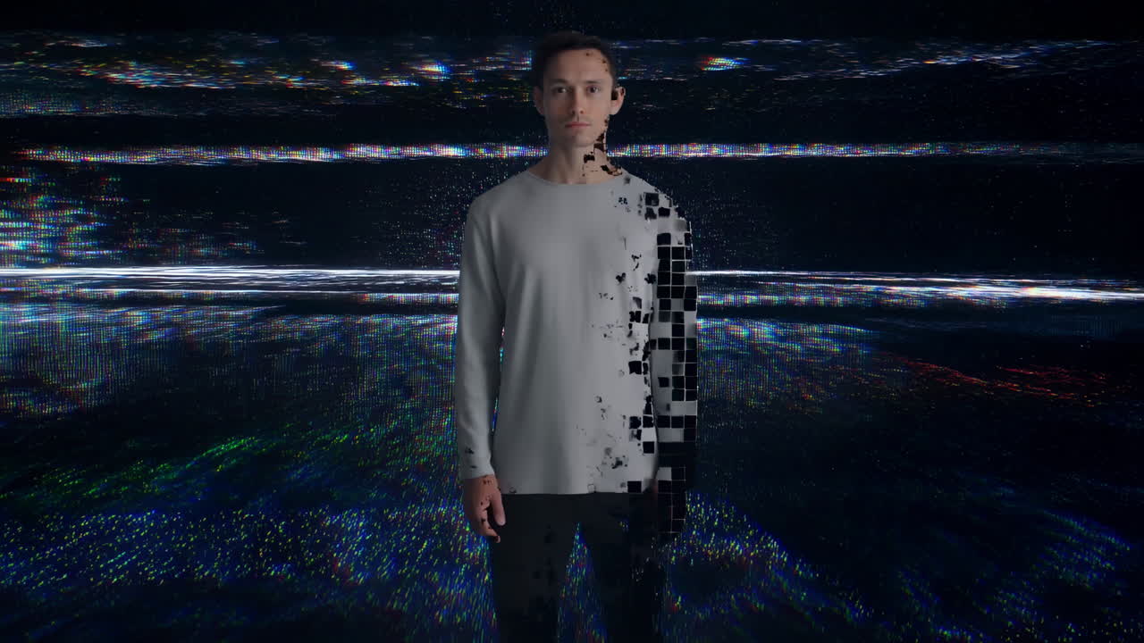 Man's Body Pixelates and Dissolves with Digital Glitch Effect