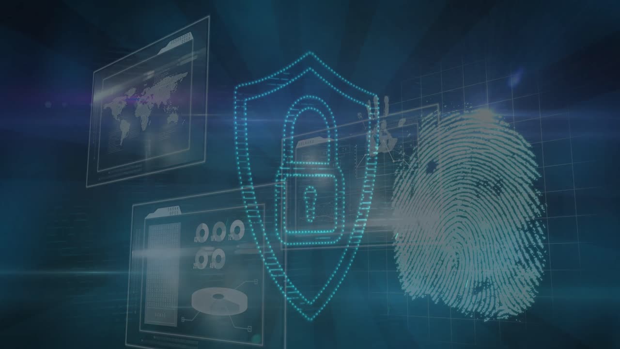 animatie van biometrische vingerafdrukken, hangsloten en gegevensverwerking op schermen