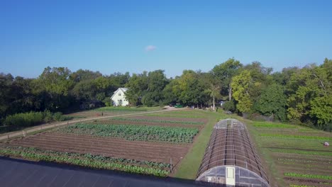 aerial: rise up to reveal a working farm in austin, texas