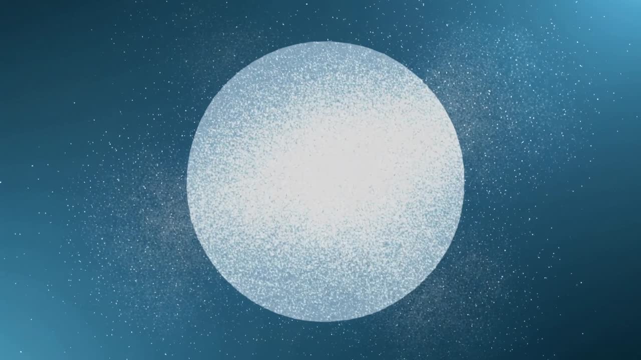 Un disco bianco che si trasforma mentre il nucleo luminoso si ammorbidisce, formando macchioline di particelle su uno sfondo color verde acqua.