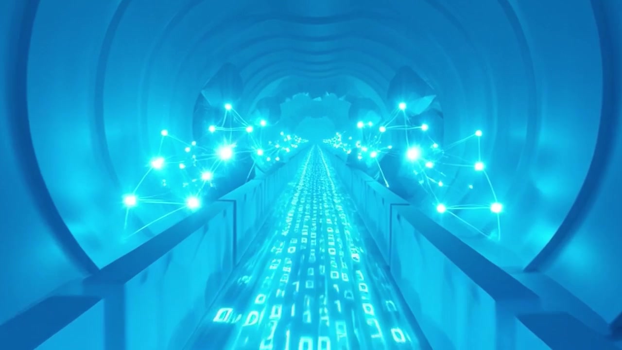 Digital Data Stream Flowing Through Futuristic Blue Tunnel