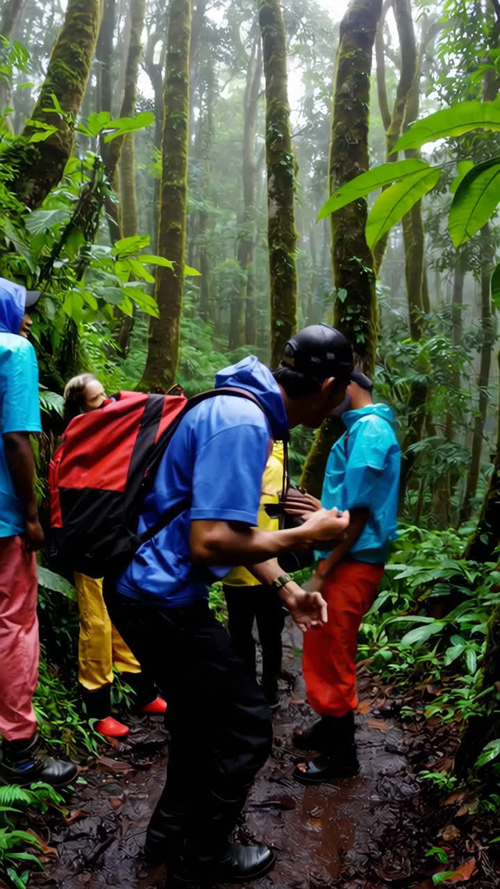 Group Hiking Through a Misty Rainforest