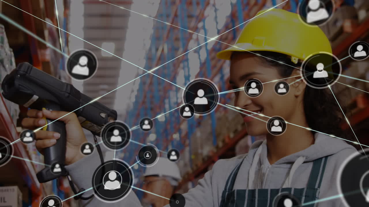 animación de la red de conexiones entre diversos trabajadores en el almacén