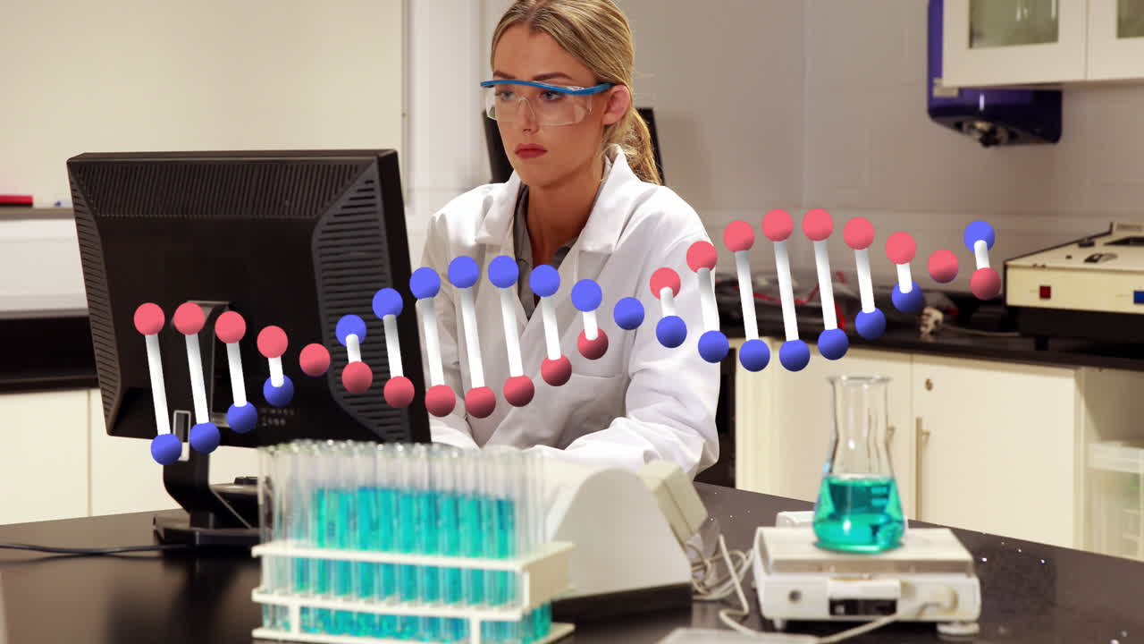 Animation of dna spinning against caucasian female scientist using computer at laboratory
