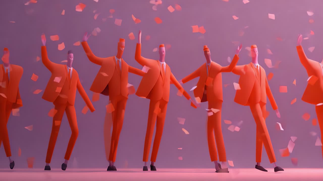 A vibrant celebration scene with animated figures in orange suits joyfully waving and interacting amidst a shower of colorful confetti, creating a mesmerizing festive atmosphere