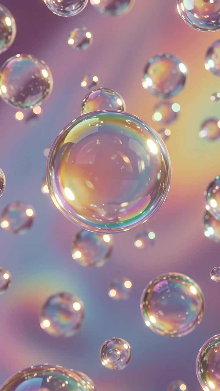 Bolle trasparenti galleggianti con riflessi iridescenti