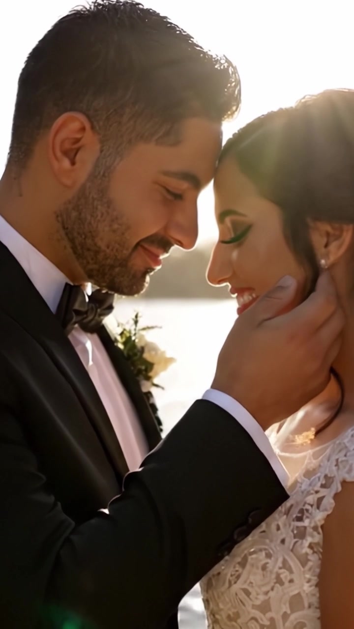 Un momento sereno de unión: una pareja de novios se abraza bajo la luz natural junto al agua, celebrando su amor y compromiso con un hermoso atardecer de fondo.