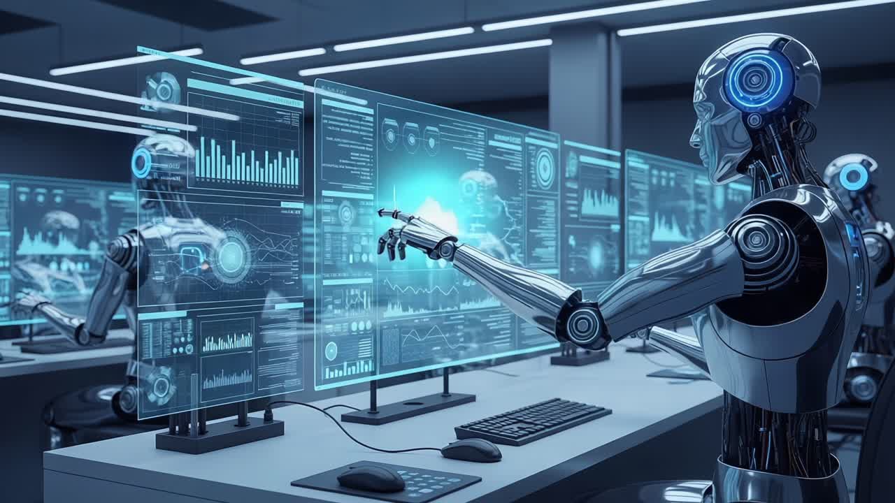 A Futuristic Workspace Featuring Advanced Robots Analyzing Data on High-Tech Displays in a Sleek, Modern Environment