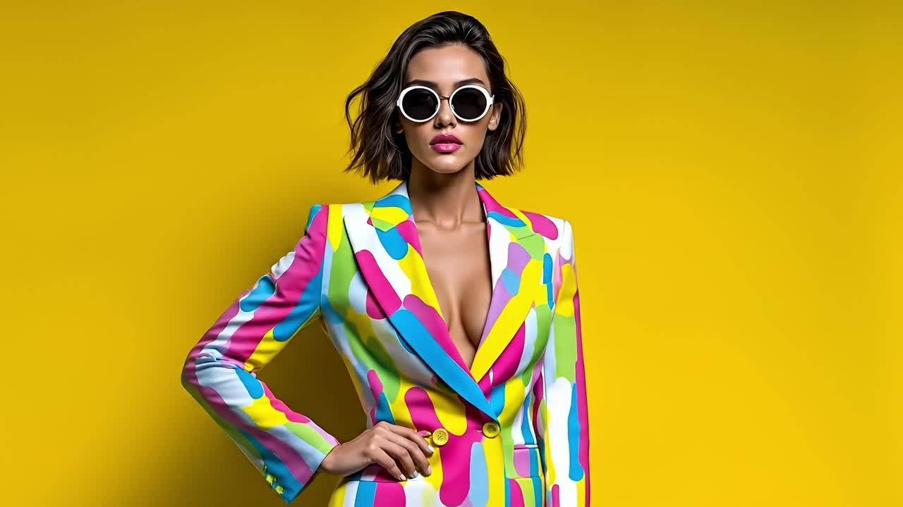 A woman in a colorful suit and sunglasses posing for a picture