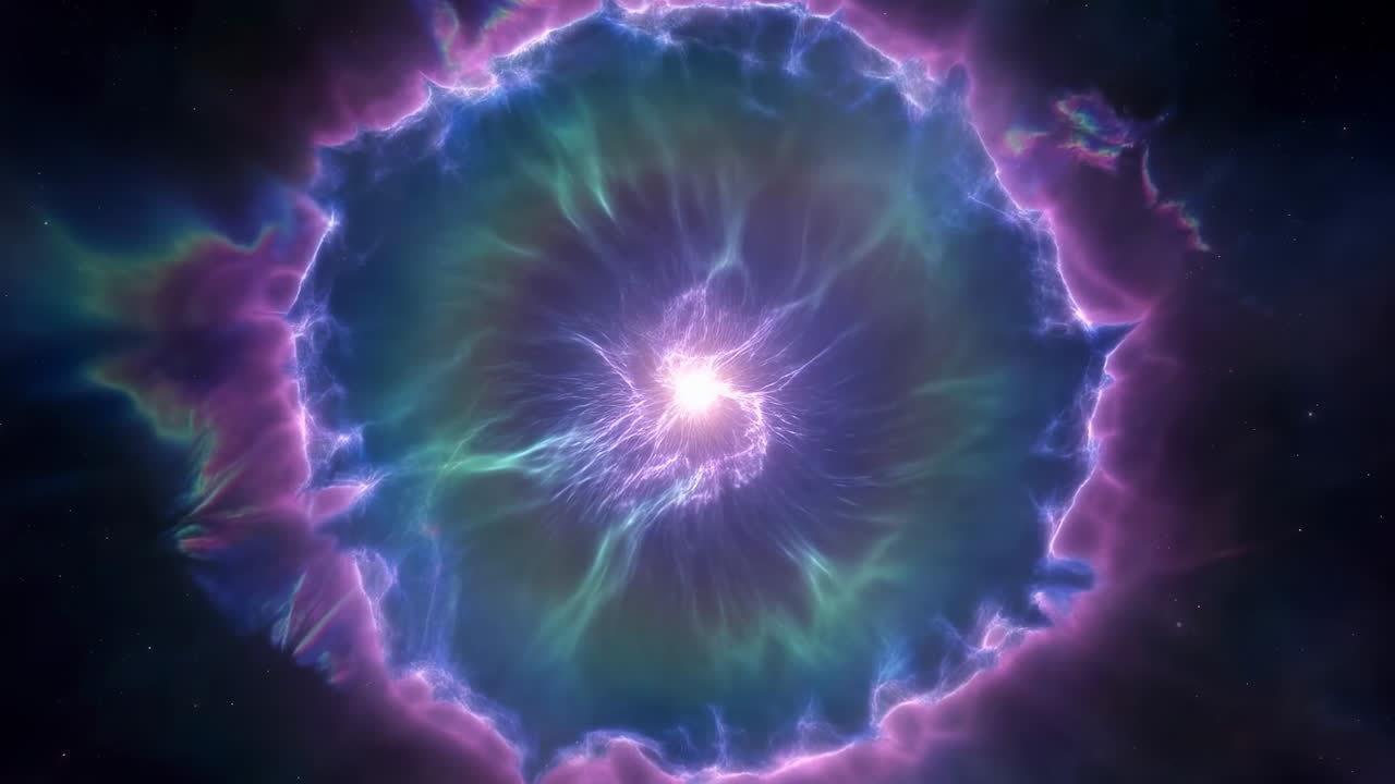 Nucleo di nebulosa viola-verde acqua radioso che vortica, filamenti elettrici che si irradiano da un centro luminoso, onda d'urto esterna.
