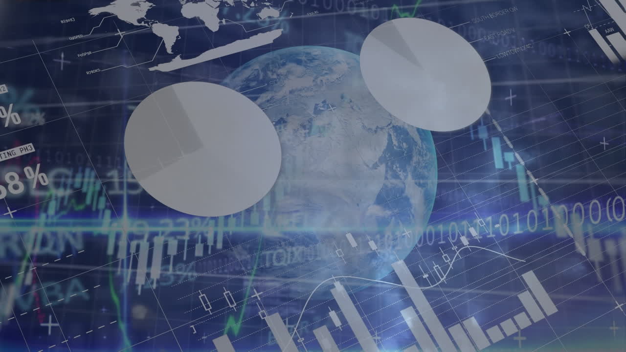 파란색 배경에 전 세계 금융 데이터 처리 애니메이션