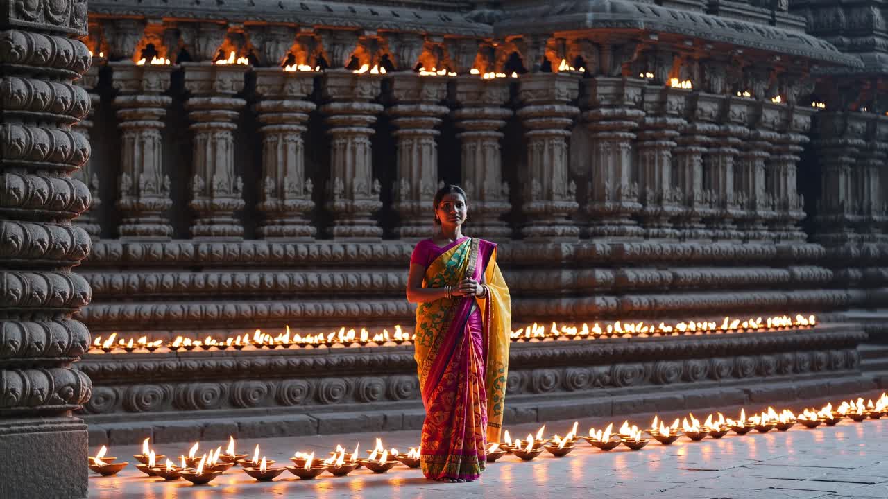 Vibrant woman in colorful traditional attire stands gracefully amidst illuminated oil lamps, showcasing a serene moment of cultural celebration in an ornate temple setting
