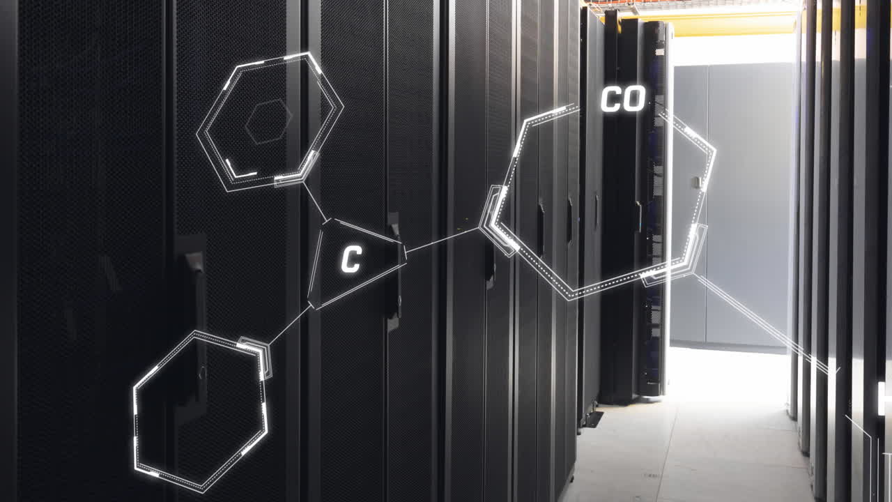 animación de estructuras químicas flotando contra la sala del servidor de computadora