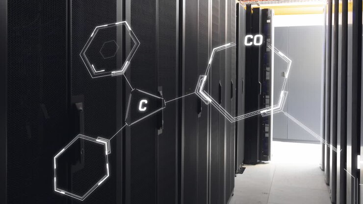 Animation of chemical structures floating against computer server room
