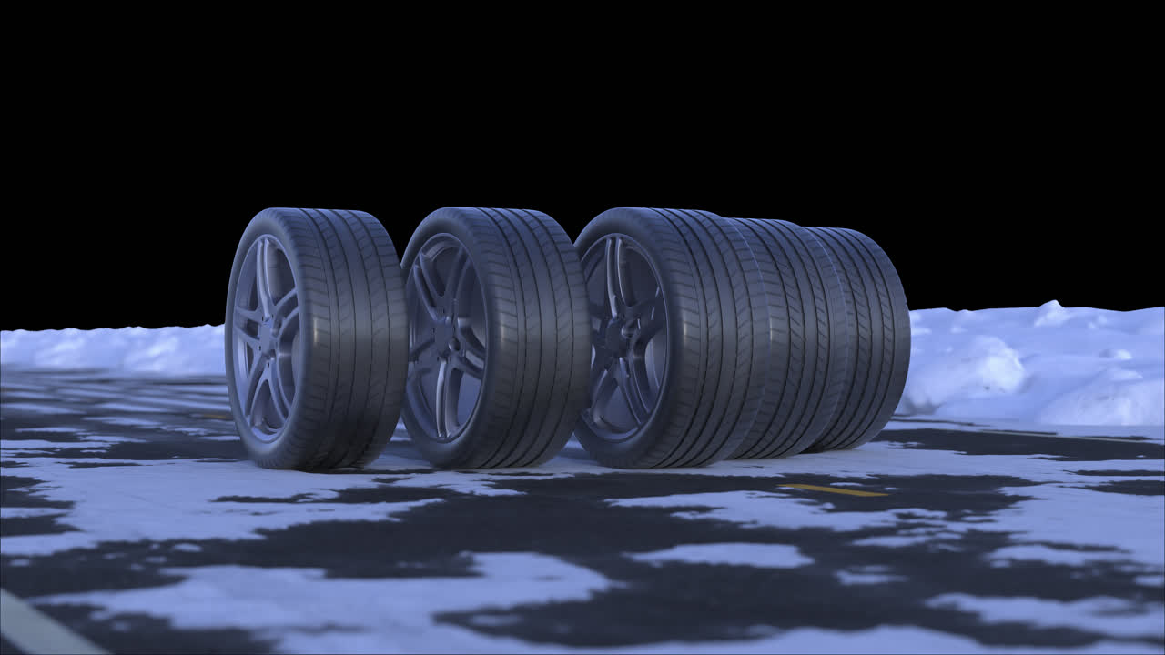 cuatro ruedas de coche de bucle conducen en un camino nevado con canal alfa