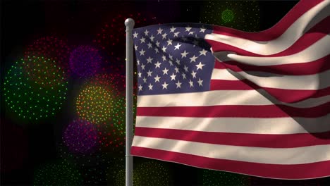 Animation-of-flag-of-usa-over-shapes-and-fireworks-on-black-backrgound