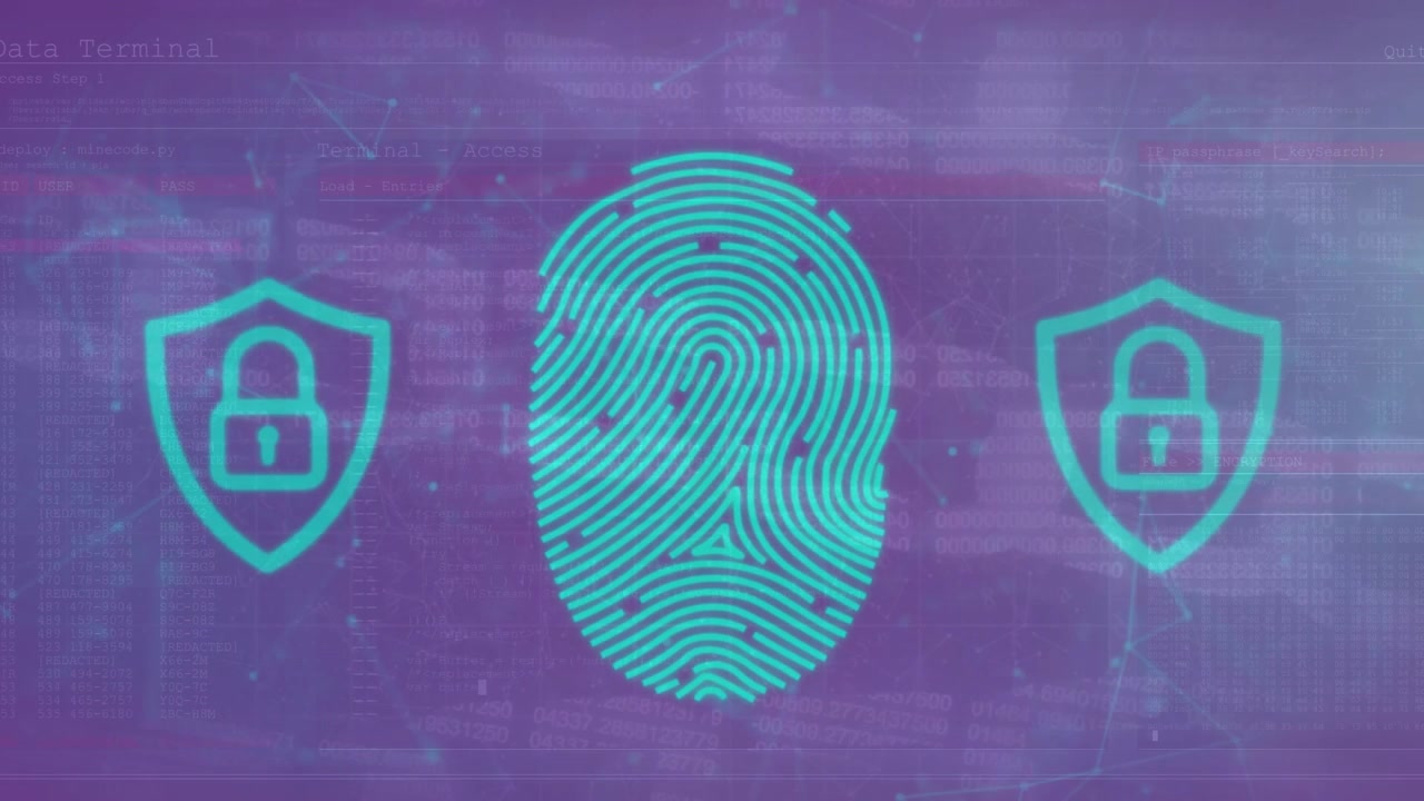 Animation of data, fingerprint and digital padlocks on violet background