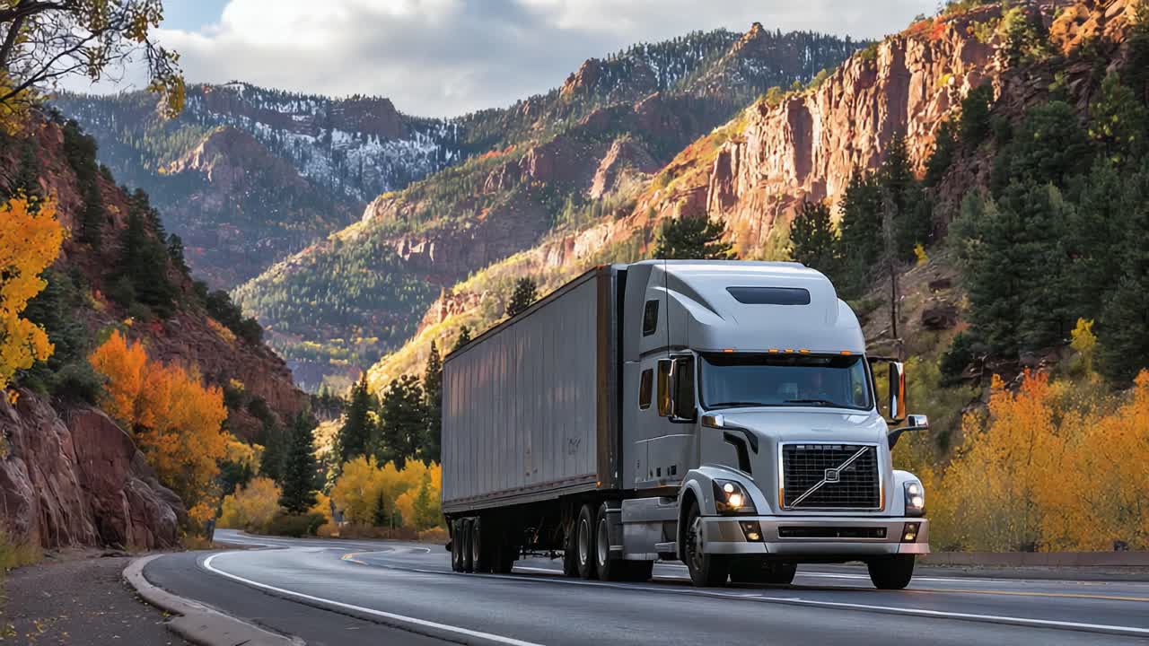 A Modern Freight Truck Navigating a Winding Mountain Road Surrounded by Autumn Colors and Majestic Rocky Terrain Under a Dramatic Sky