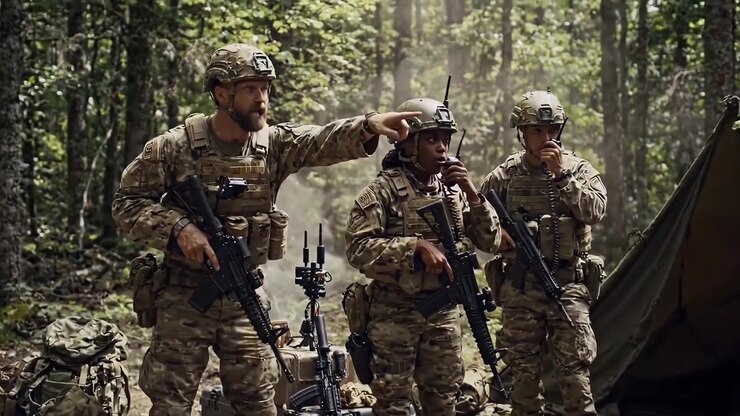 Personale militare in un ambiente boschivo impegnato in operazioni tattiche e nell'allestimento di strutture da campo in un fitto ambiente forestale e con l'equipaggiamento.