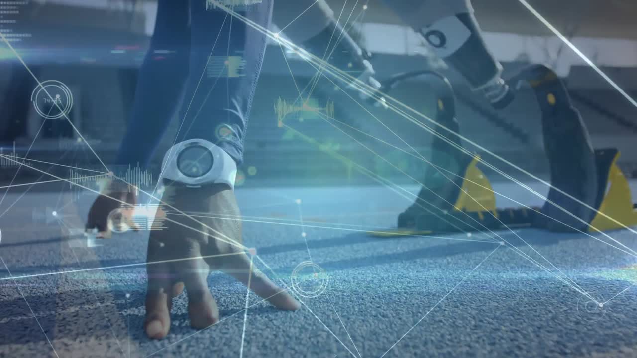 conexiones de red con atletas con piernas protésicas que se preparan para correr