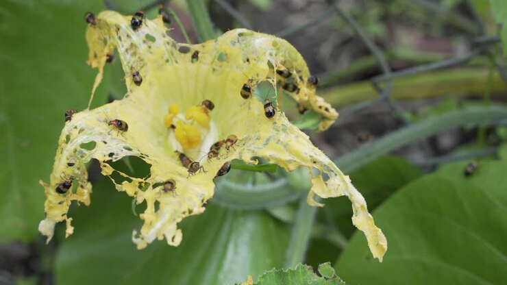 Yellow and black beetles eating holes in pumpkin flower, garden pest