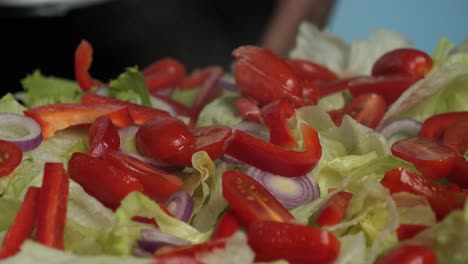 static handheld shot of a delicious salad with tomatoes, onions and peppers sprayed with oil for a delicious dinner in the kitchen