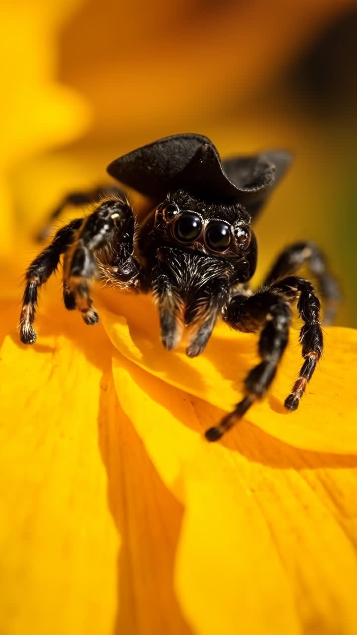Jumping Spider Wearing a Cowboy Hat on a Yellow Flower