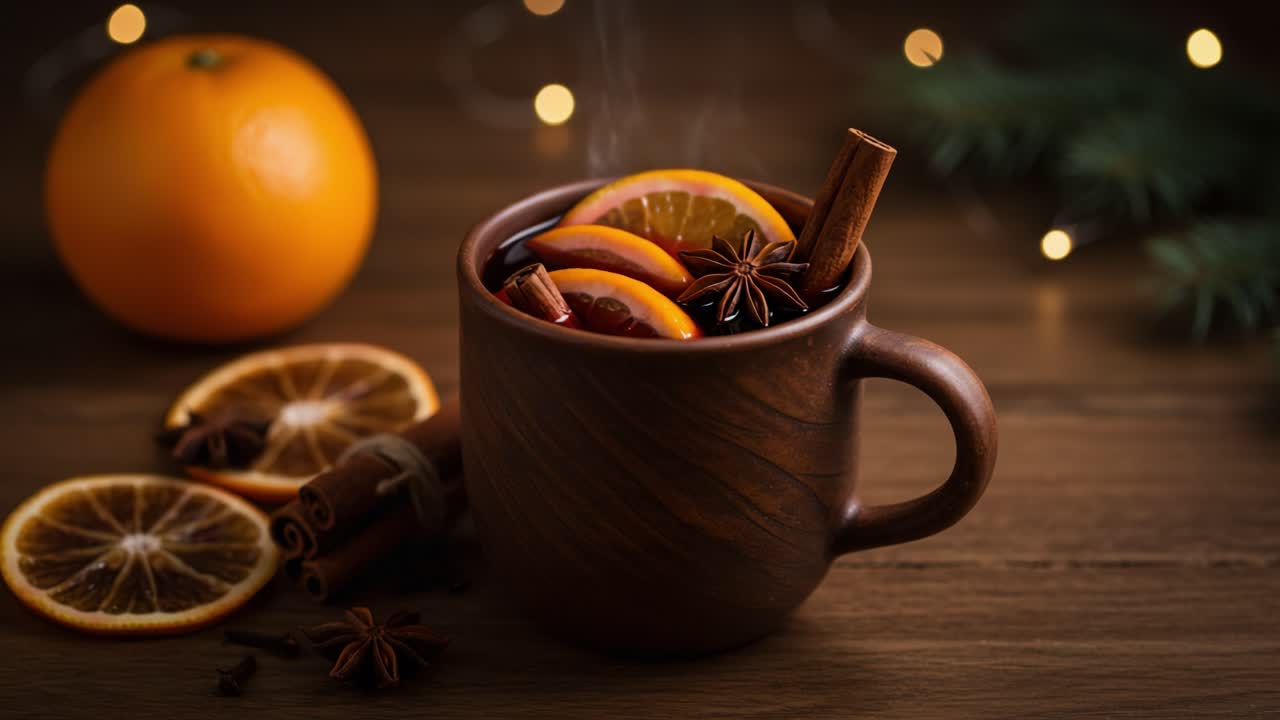 A Warm and Inviting Mug of Aromatic Spiced Beverage with Orange Slices and Cinnamon Sticks, Perfect for Cozy Evenings and Celebrations