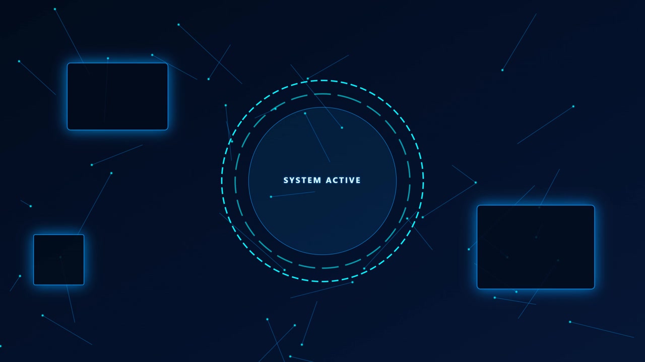 Digital Interface with System Active Text and Glowing Geometric Elements
