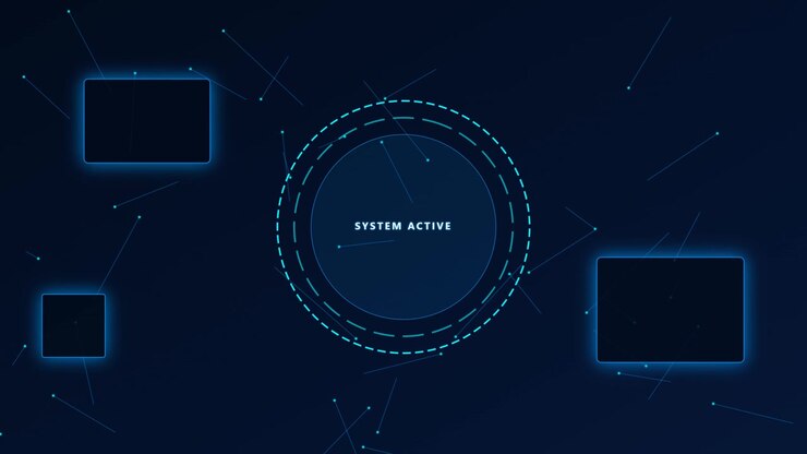 Digital Interface with System Active Text and Glowing Geometric Elements