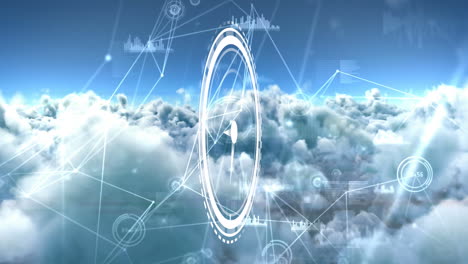 animación del reloj moviéndose sobre conexiones sobre nubes y cielo